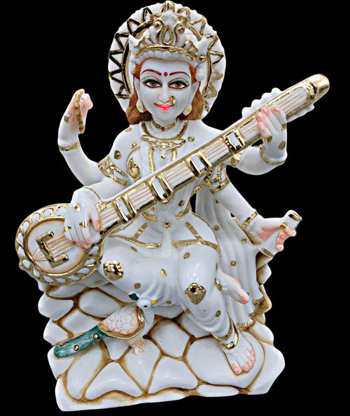" Saraswati Maa Statue in White Marble – Handcrafted Murti by Shri Handicraft"