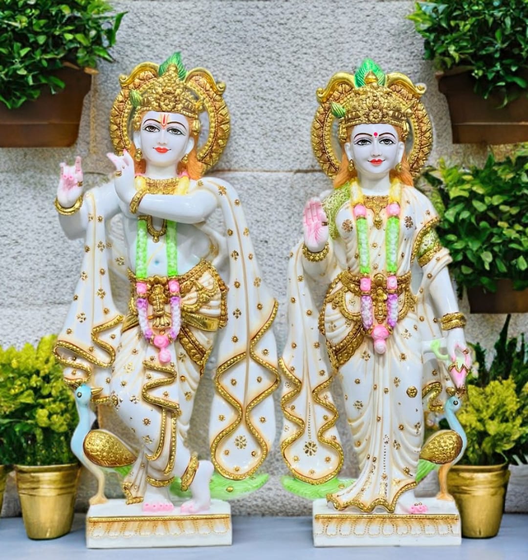 Radha Krishna Statue In White Marble - Handcrafted Murti by Shri Handicraft"