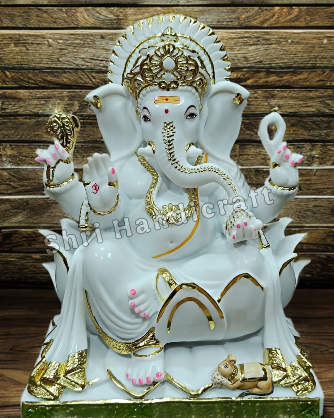 "Lotus Ganesh Idol in White Marble – Handcrafted Murti by Shri Handicraft"